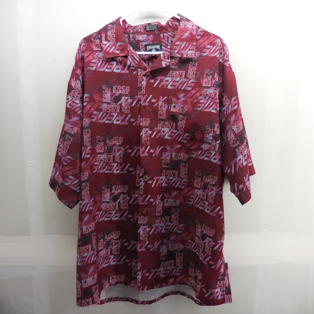 Rocawear Mens XL Burgundy X-Treme Graphic Print Short Sleeve Button Up Shirt Y2K